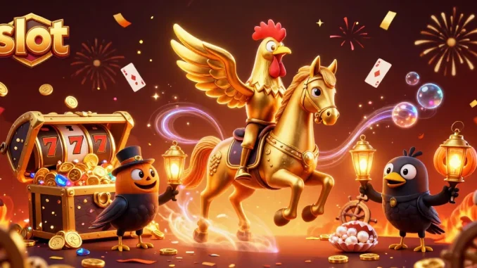Mainkan slot dengan keberuntungan di kasino, dikelilingi oleh pion unik dan harta karun yang berkilauan.