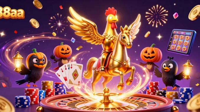 Experience thrilling gameplay at 88aa with a vibrant scene of a golden rooster and casino action.