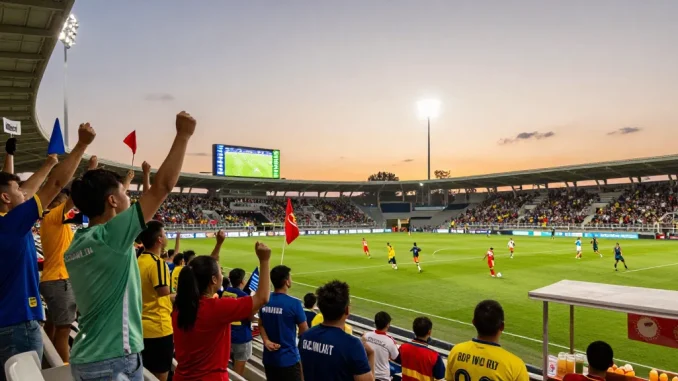 شاهدة مباريات كأس العالم بث مباشر with excited fans cheering in a vibrant stadium atmosphere during a thrilling match.