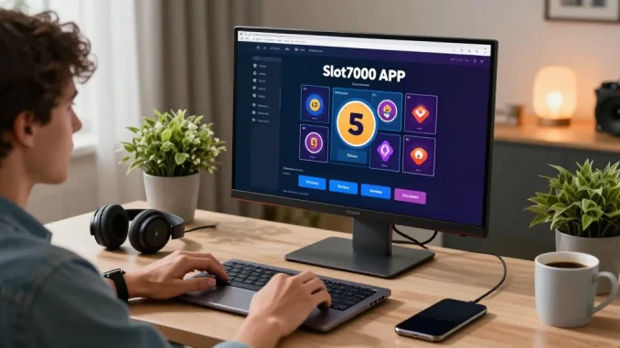 Downloading the Slot7000 APK on a laptop in a modern workspace