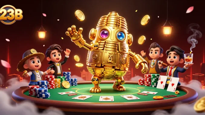 Experience the thrill of 123B with the golden golem amidst a dynamic poker scene.