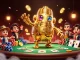 Experience the thrill of 123B with the golden golem amidst a dynamic poker scene.