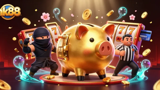 Engage with nk88's casino adventure featuring a golden piggy bank wrestler amidst dynamic gaming symbols.