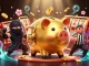 Engage with nk88's casino adventure featuring a golden piggy bank wrestler amidst dynamic gaming symbols.
