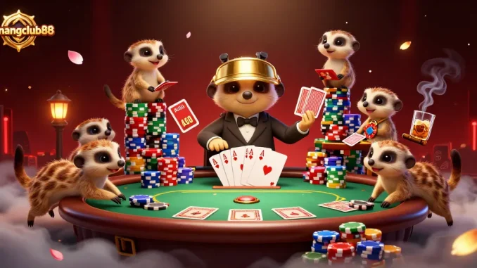 Experience the thrilling excitement of menangclub88 with lively meerkats engaging in a vibrant casino atmosphere.