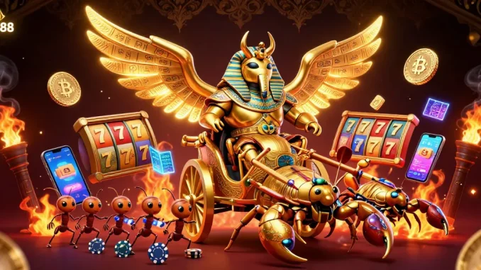 Experience the thrilling world of PG88 with a vibrant 3D illustration of a golden scarab beetle, slot games, and cryptocurrency elements.