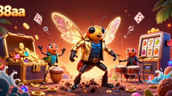 Experience thrilling casino action with 88aa's vibrant 3D illustration showcasing a rock star cicada and lively characters.