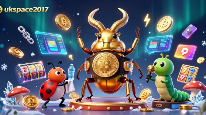 Main scene featuring ukspace2017's golden stag beetle boxing champion with slot reels and crypto coins