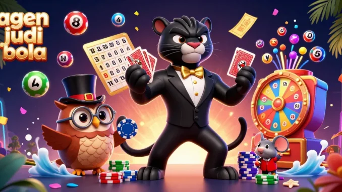 Engage with agen judi bola while a black panther deals cards, an owl holds chips, and a lucky mouse watches.