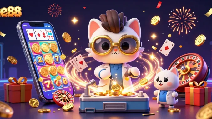 Experience the thrill of ee88 with a mad scientist cat creating a gold-coin machine surrounded by casino games.
