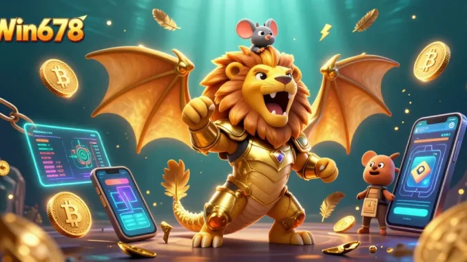 Win678 captivates players with a dynamic 3D casino scene featuring golden creatures, coins, and blockchain elements.