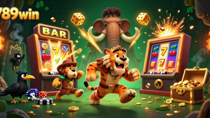 Experience the thrilling world of 789win with a vibrant prehistoric casino scene filled with action and excitement.