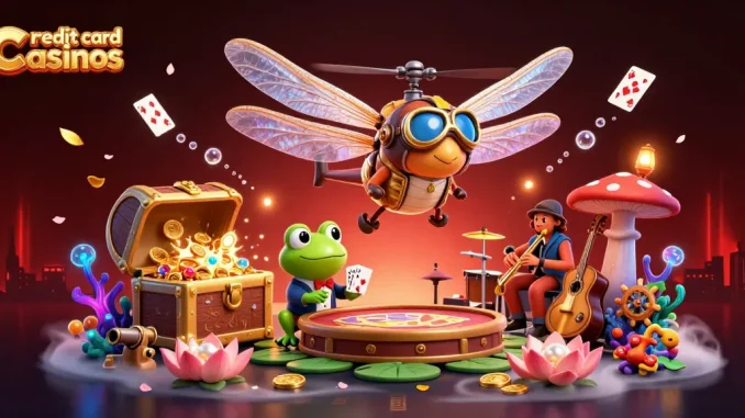 Experience thrilling gameplay at credit card casinos with vibrant characters and dynamic casino elements.