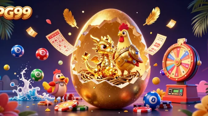 The golden dragon of PG99 emerges, amidst a vibrant celebration of casino games and prizes.