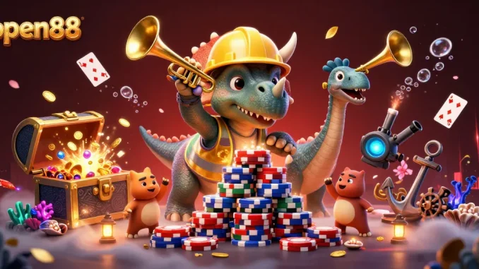 Open88 casino illustration featuring a 3D triceratops building poker chips with celebration elements.