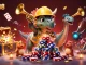 Open88 casino illustration featuring a 3D triceratops building poker chips with celebration elements.